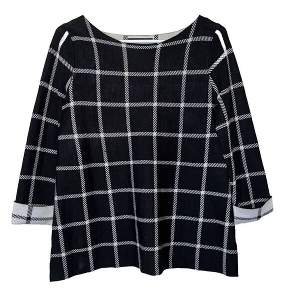 Tahari Wool Sweater Wmns Sz Sm 100% Extra Fine Merino Plaid Cuffed Sleeve Mature - Picture 1 of 10